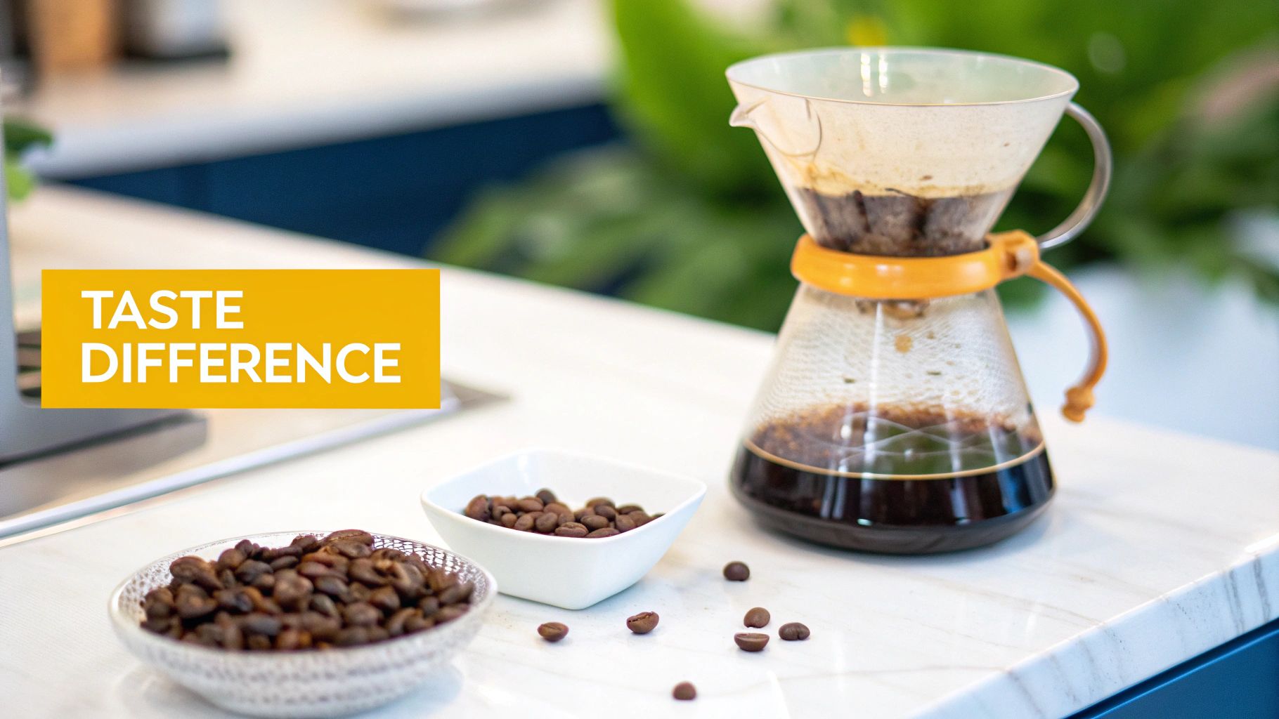 Chemex coffeemaker brewing coffee, with two bowls of roasted beans on a marble counter and 'TASTE DIFFERENCE' text.