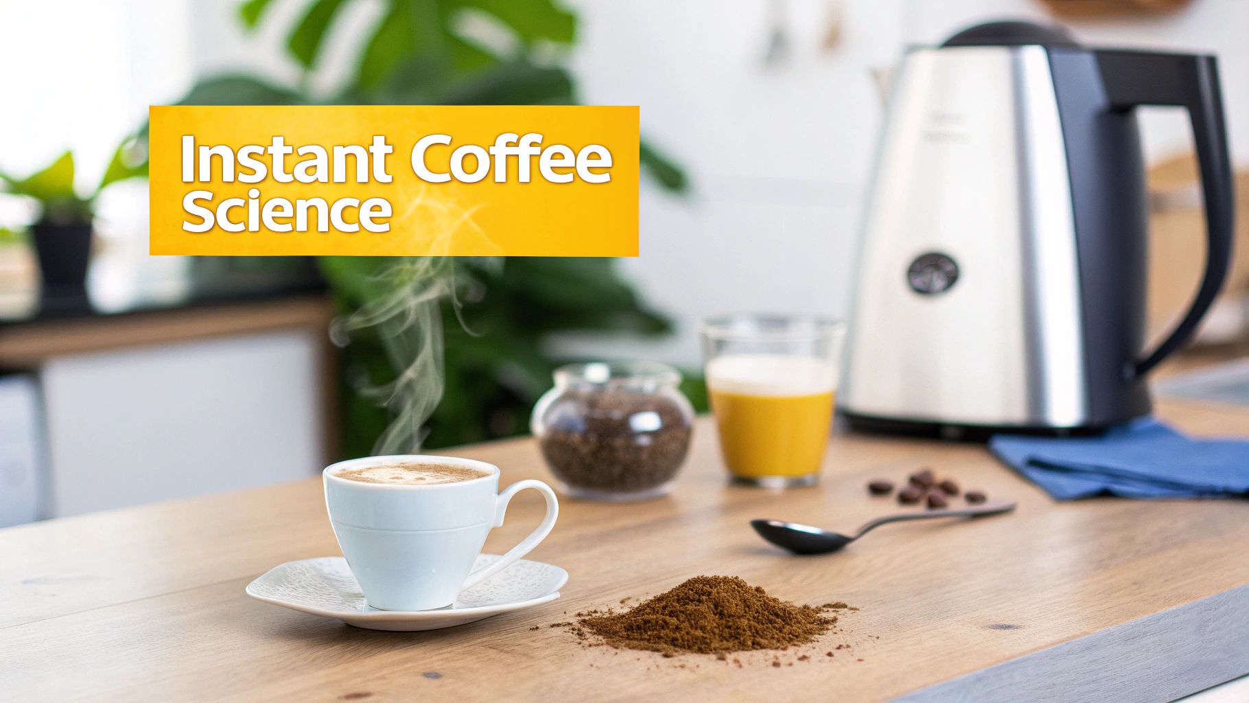 A close-up of instant coffee granules being poured from a jar into a white cup.