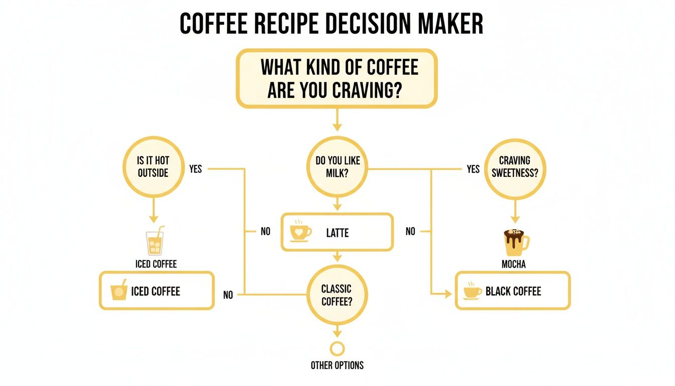 A flowchart guiding users to decide on a coffee recipe based on preferences like milk, sweetness, and weather.