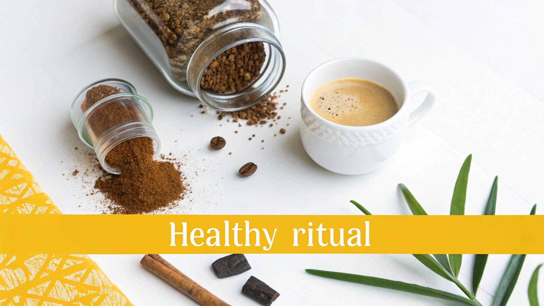 Overhead view of instant coffee granules, ground spice, and espresso cup on a white table.