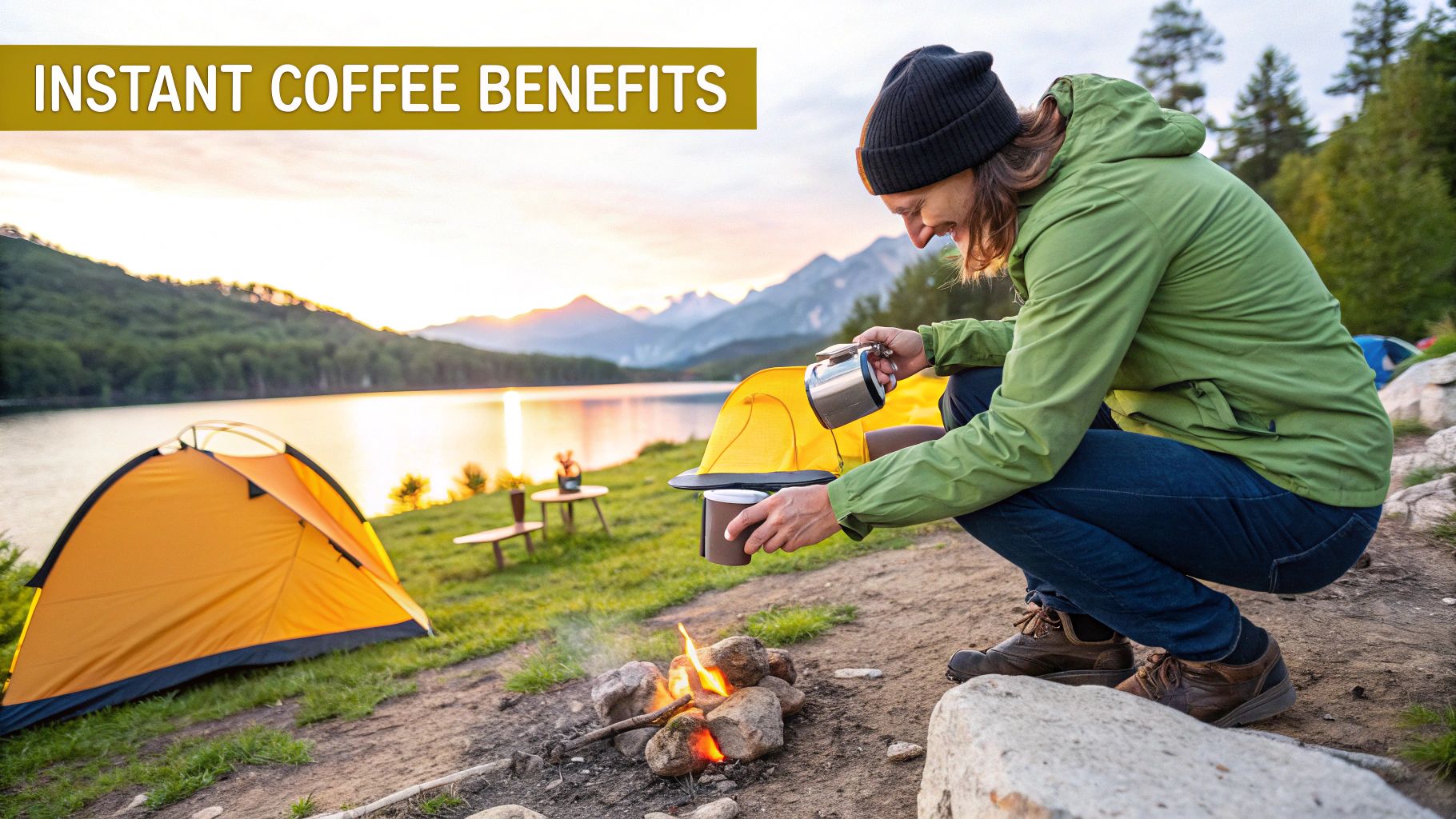 A person enjoying a cup of instant coffee at a scenic campsite.