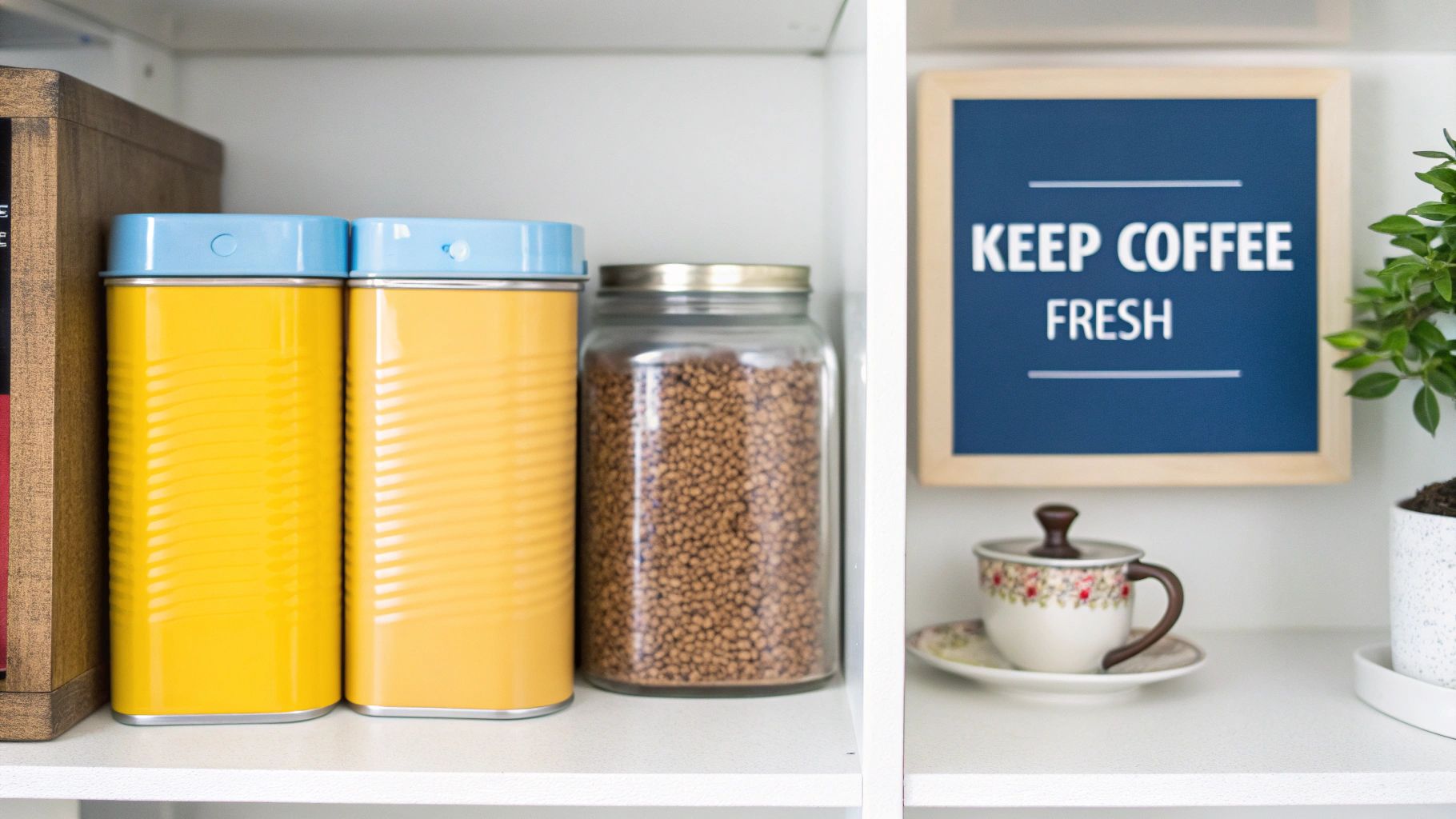 A neatly organized coffee station on a white shelf with yellow canisters, a jar of instant coffee, a decorative sign, and a small plant.
