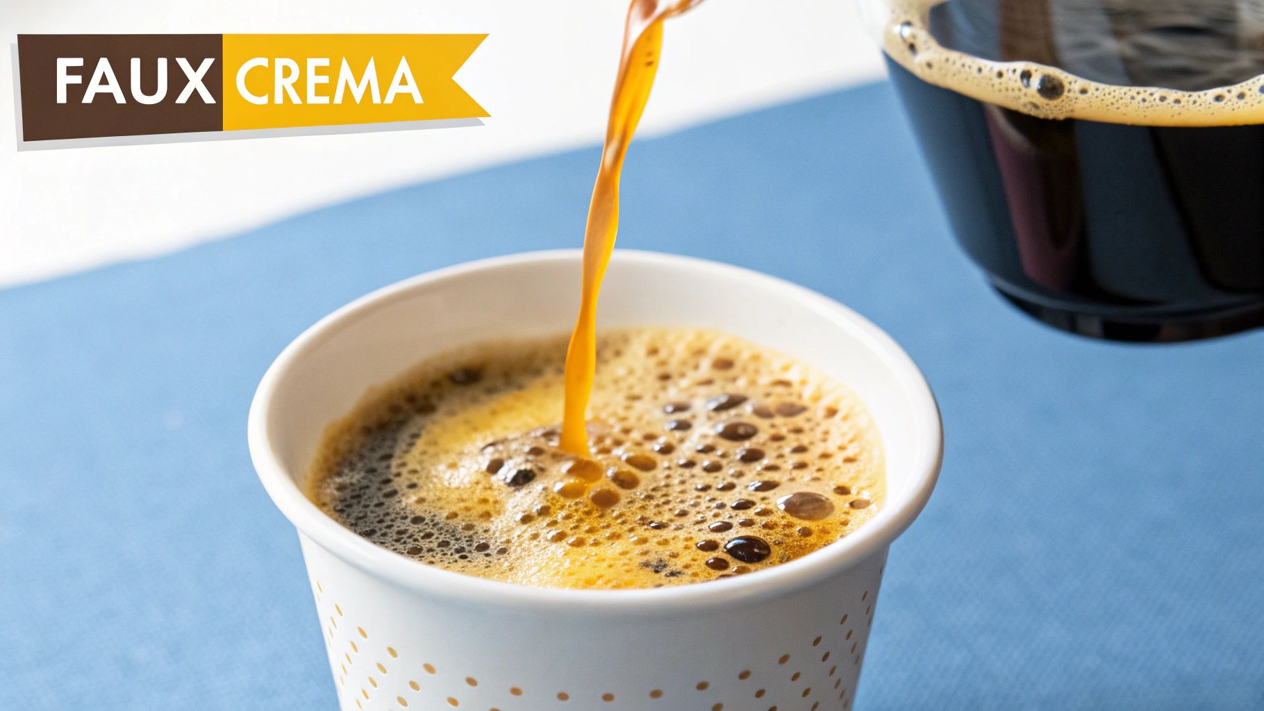 Pouring creamer into freshly brewed espresso coffee in white disposable cup