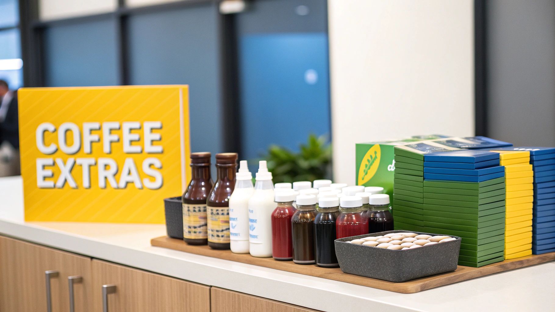 A well-stocked coffee station with various syrups, milks, and toppings.