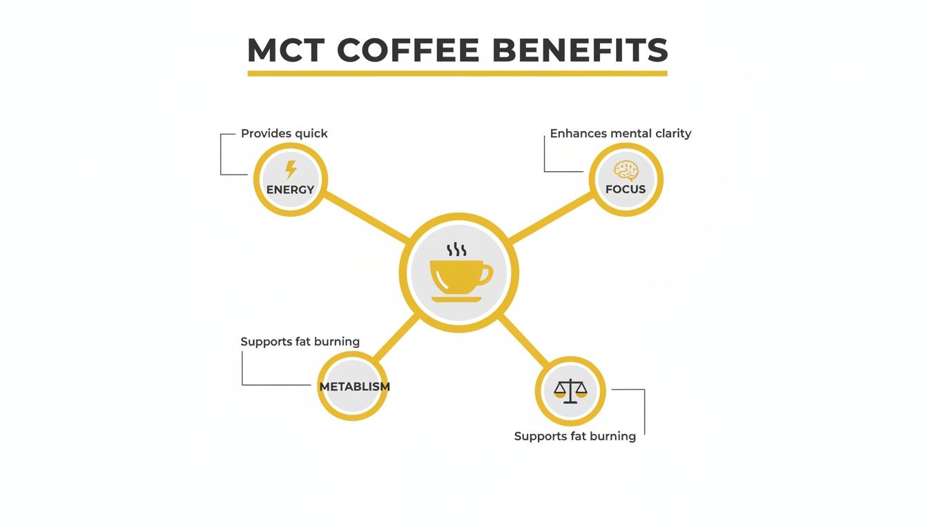 Infographic showing MCT coffee benefits: quick energy, mental clarity, focus, and supporting fat burning metabolism.