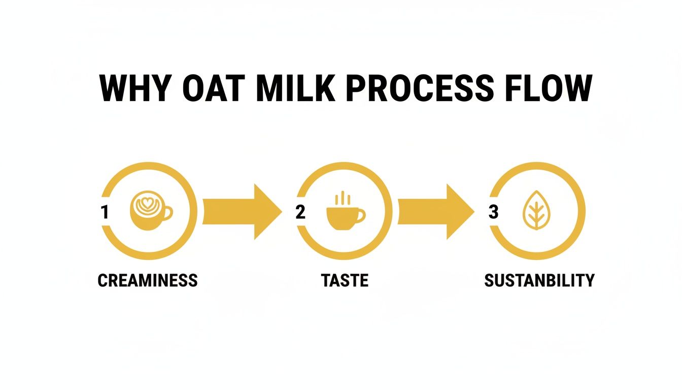 Process flow diagram explaining why oat milk is preferred for its creaminess, taste, and sustainability.