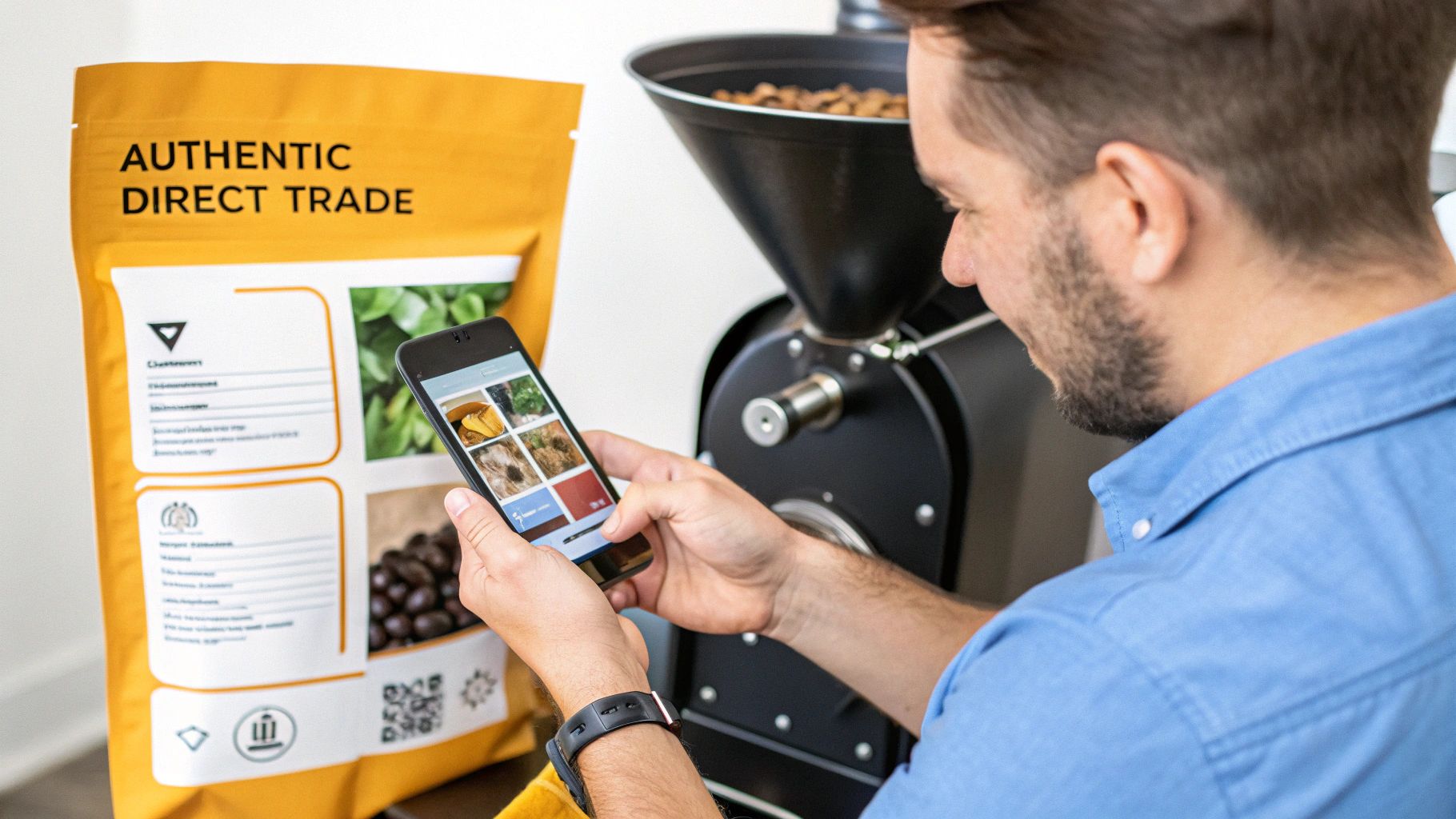 A man uses a smartphone to scan a bag of 'Authentic Direct Trade' coffee next to a roaster.