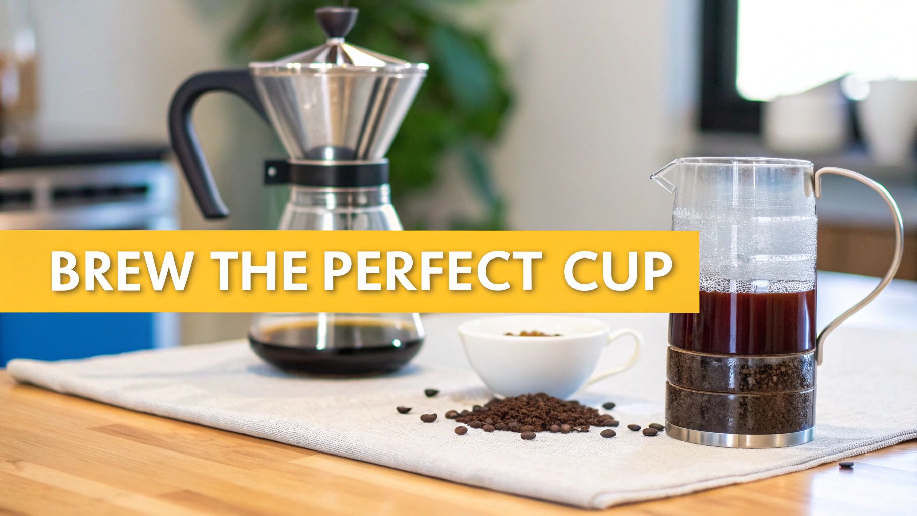 A tabletop scene featuring a Moka pot, French press, coffee beans, and ground coffee.