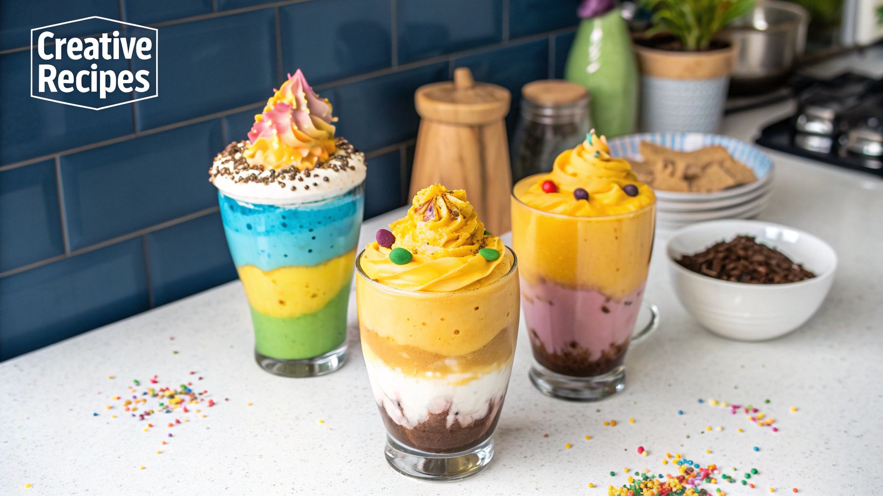 A frothy Dalgona coffee in a clear glass mug, with a spoon resting beside it.