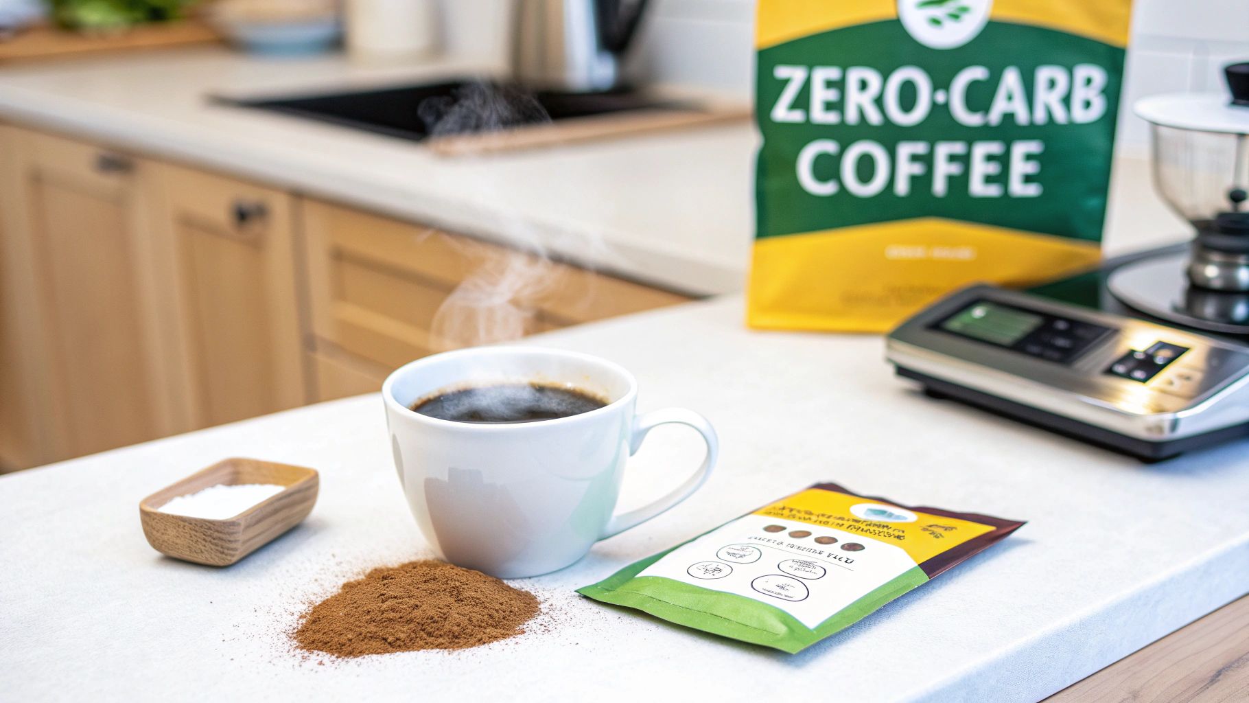 Hot black coffee, ground coffee, sweetener, and zero-carb coffee packaging on a kitchen counter.