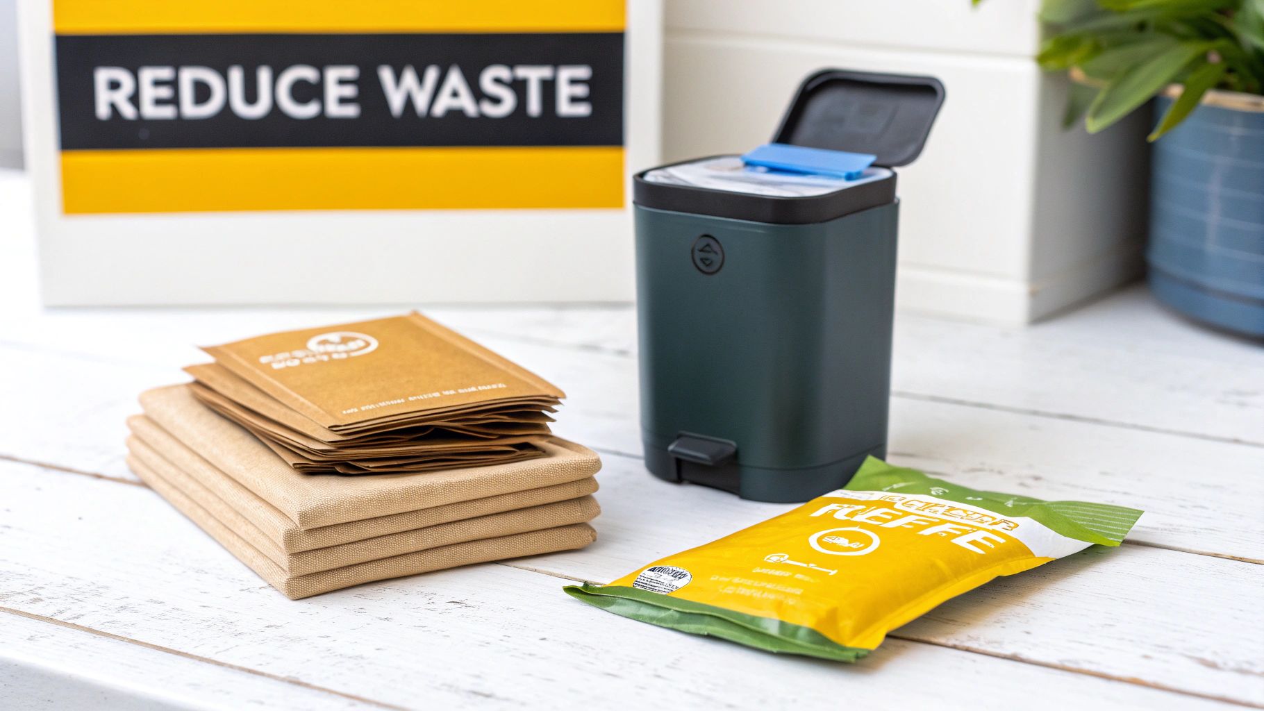 Compost bin with biodegradable waste bags and reusable cloth bags on white wooden surface