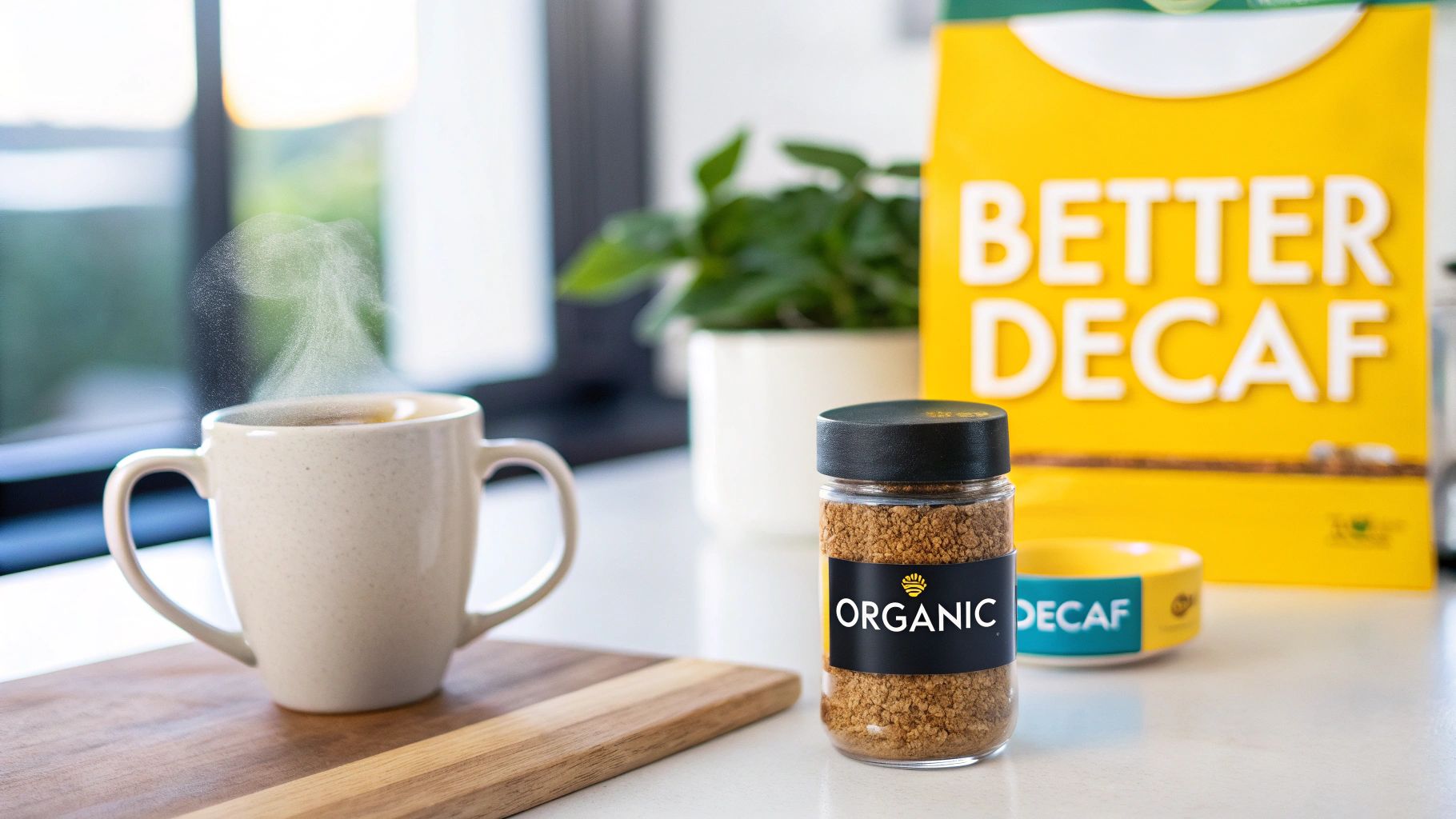 A steaming mug of coffee next to a jar of organic instant decaf coffee on a white counter.
