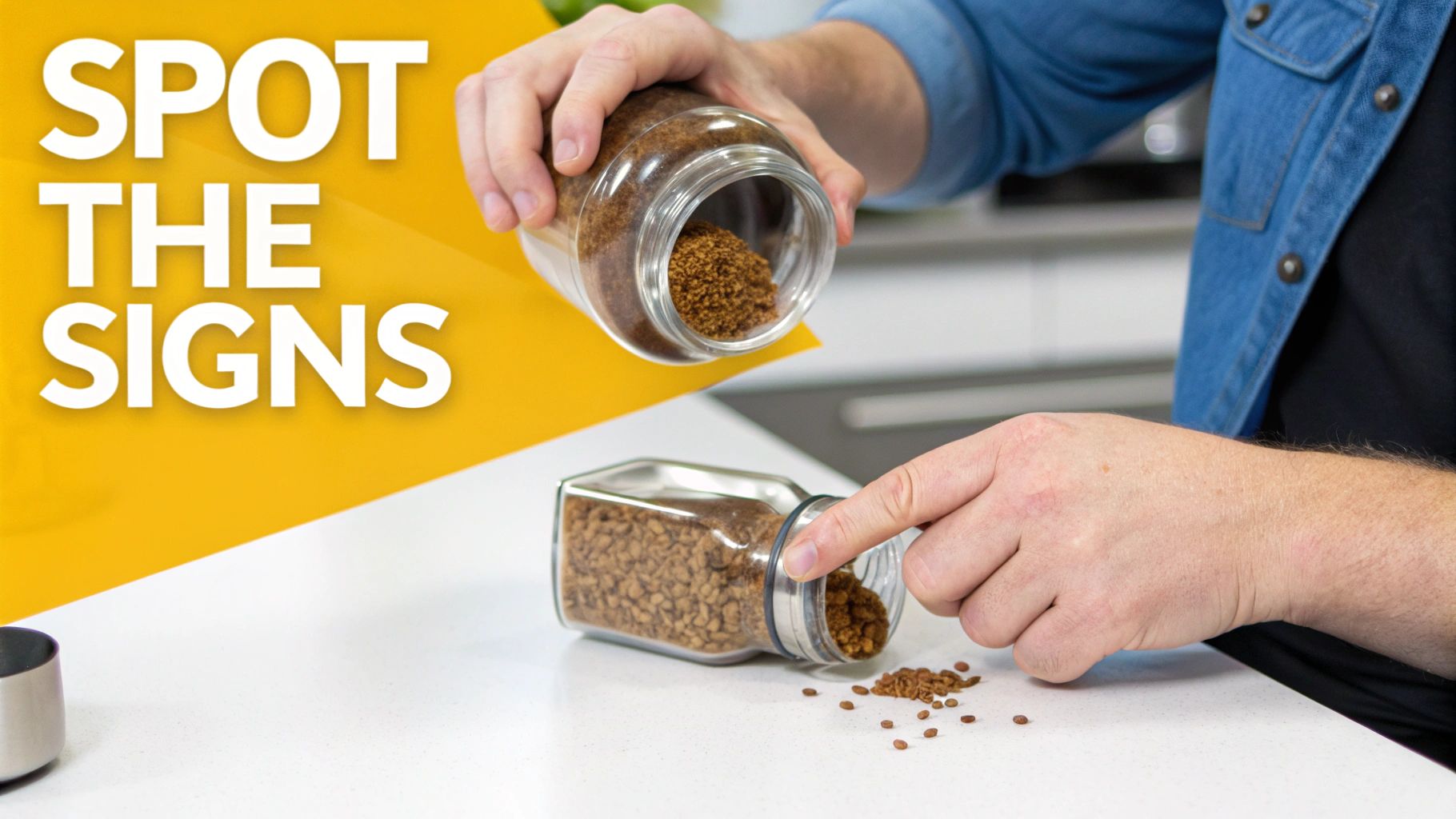 A person pours instant coffee granules from one glass jar to another, spilling some on a white countertop.