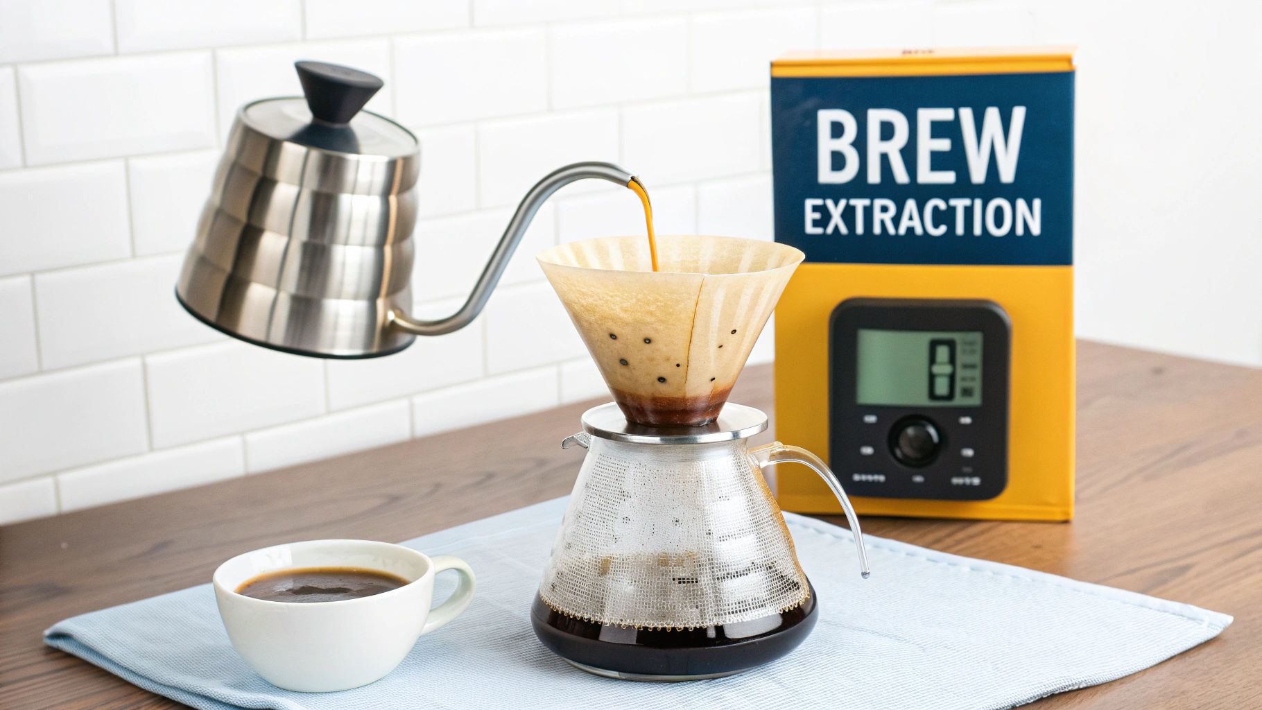A gooseneck kettle pours hot water into a pour-over coffee filter, brewing into a glass server next to a white cup.