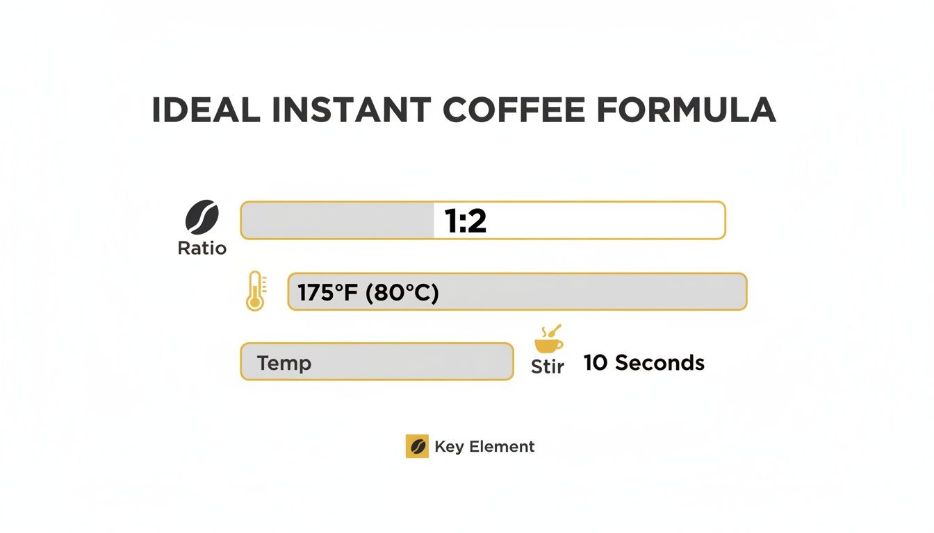 An infographic detailing the ideal instant coffee formula: 1:2 ratio, 175°F (80°C) temperature, and 10 seconds of stirring.