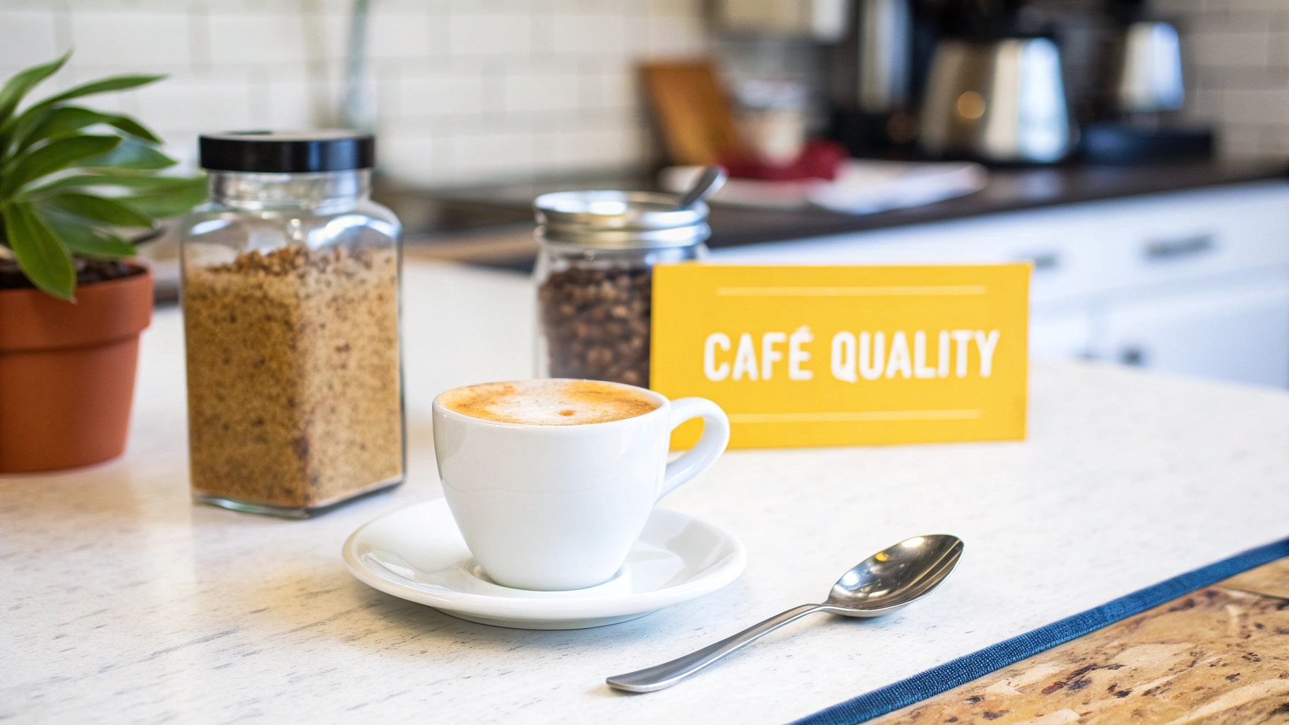 A white cup of coffee with foam, brown sugar, coffee beans, and a 'CAFÉ QUALITY' sign on a counter.
