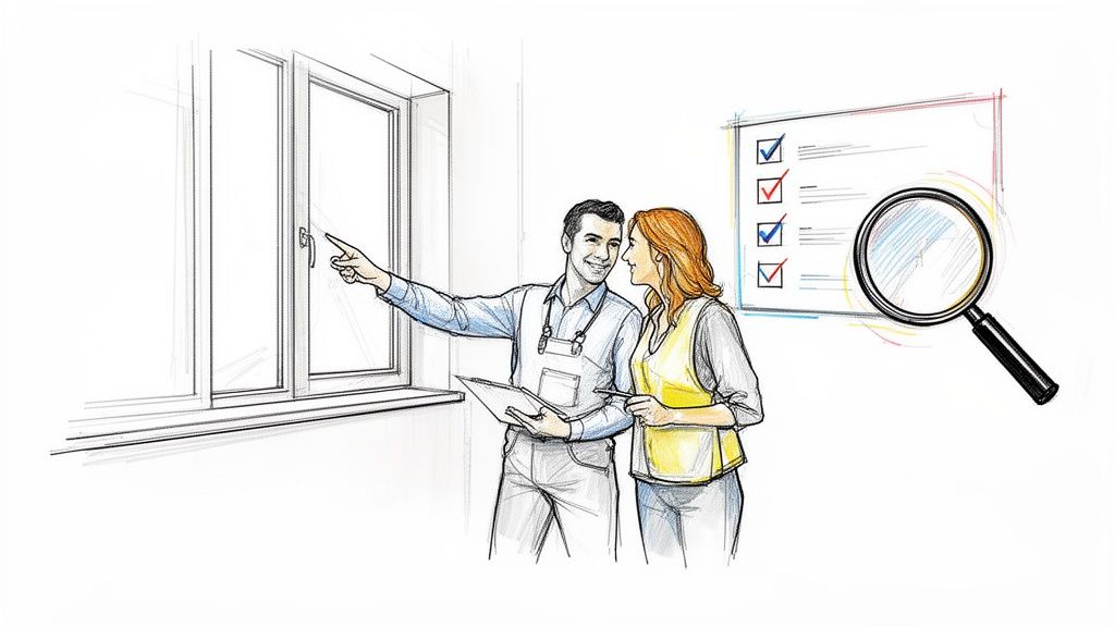 Un professionnel et une cliente examinent une fenêtre, suggérant une réception de travaux.
