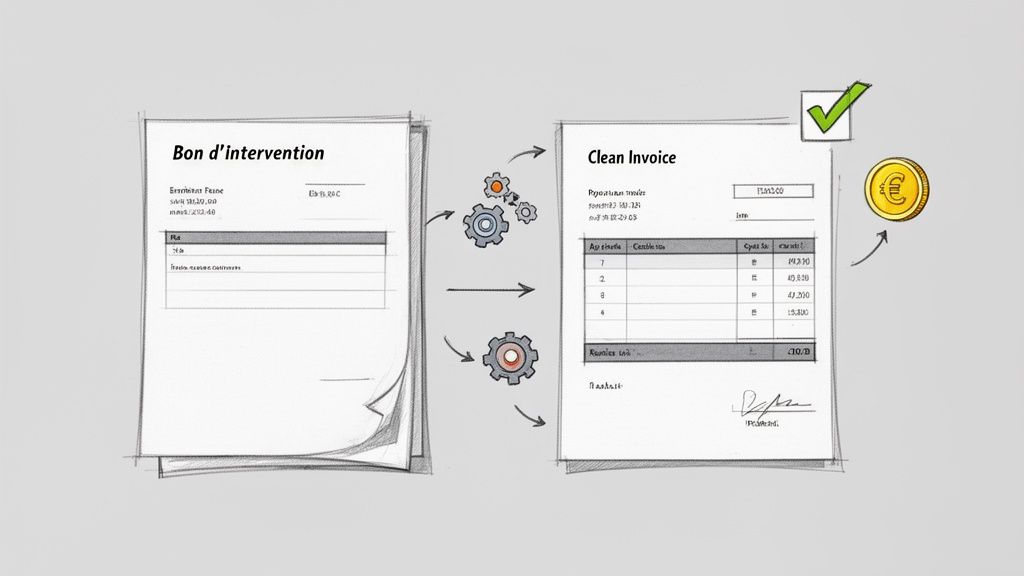 Illustration du processus de conversion d'un bon d'intervention en facture propre et paiement.