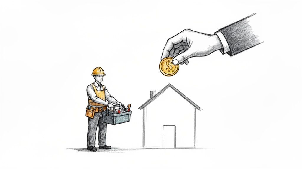 Un ouvrier du bâtiment avec une caisse à outils à côté d'une maison esquissée, recevant de l'argent d'une main.