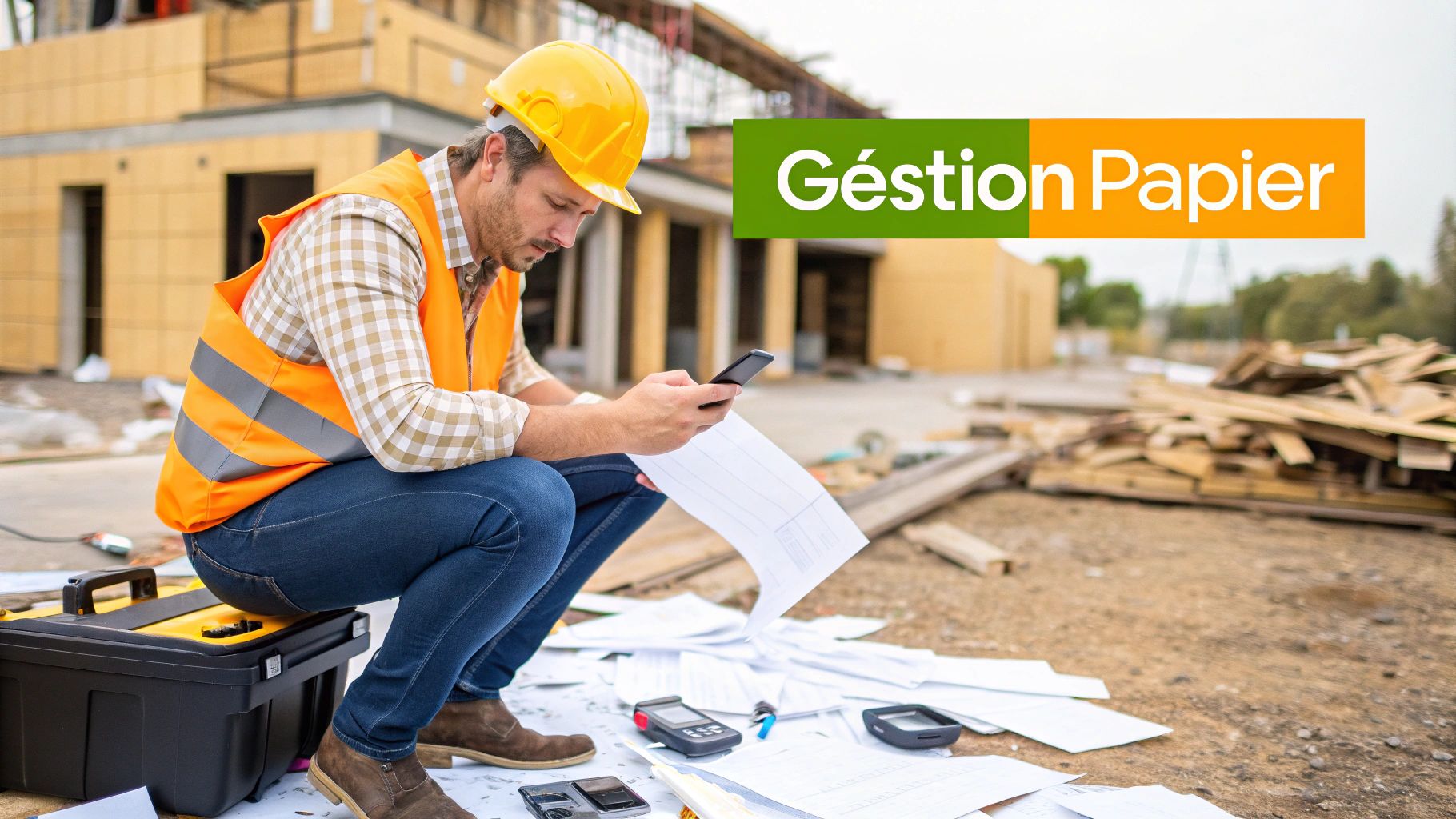 Un ouvrier de chantier en casque et gilet de sécurité utilise son téléphone et des plans, entouré de documents et d'outils, sur un site de construction.