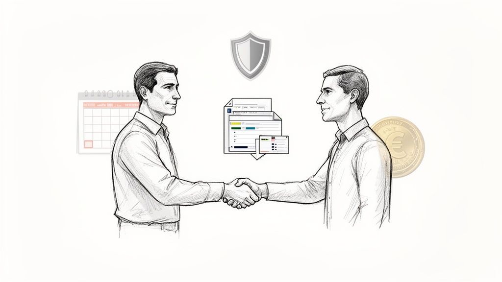 Accord commercial illustré par deux hommes se serrant la main, avec calendrier, documents, bouclier et euro.