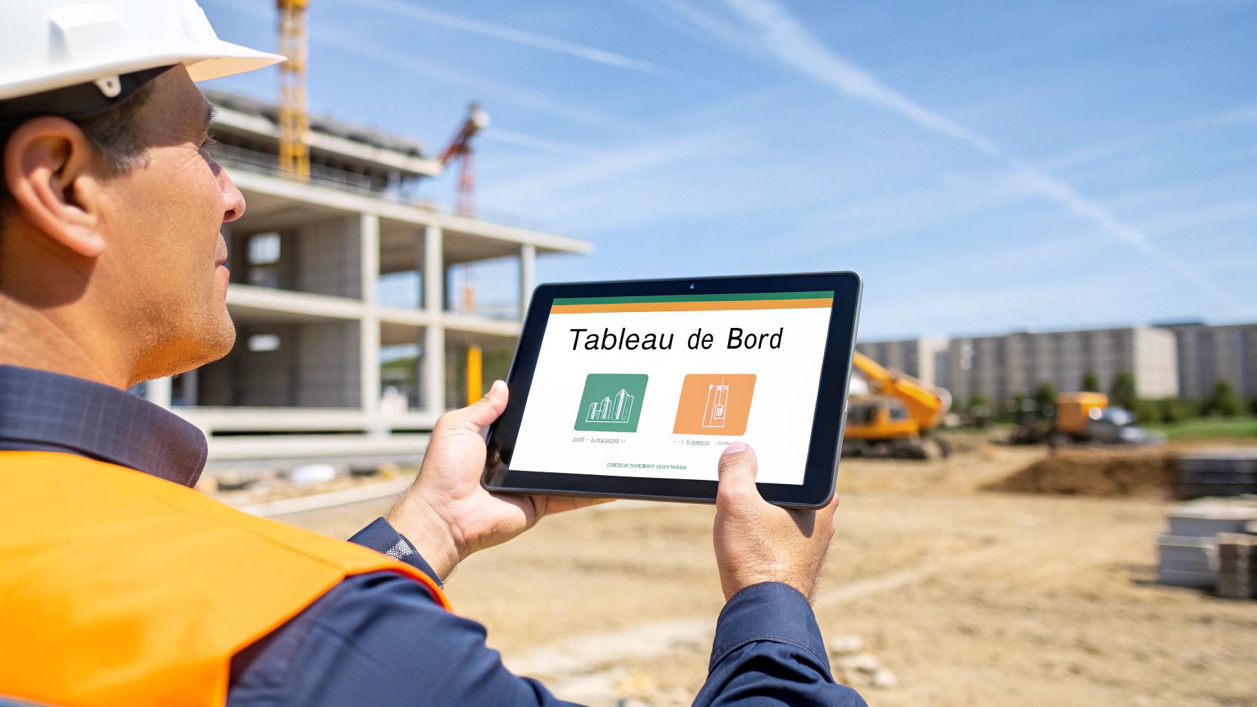 Un ouvrier du bâtiment avec une tablette affichant un tableau de bord sur un chantier de construction ensoleillé.