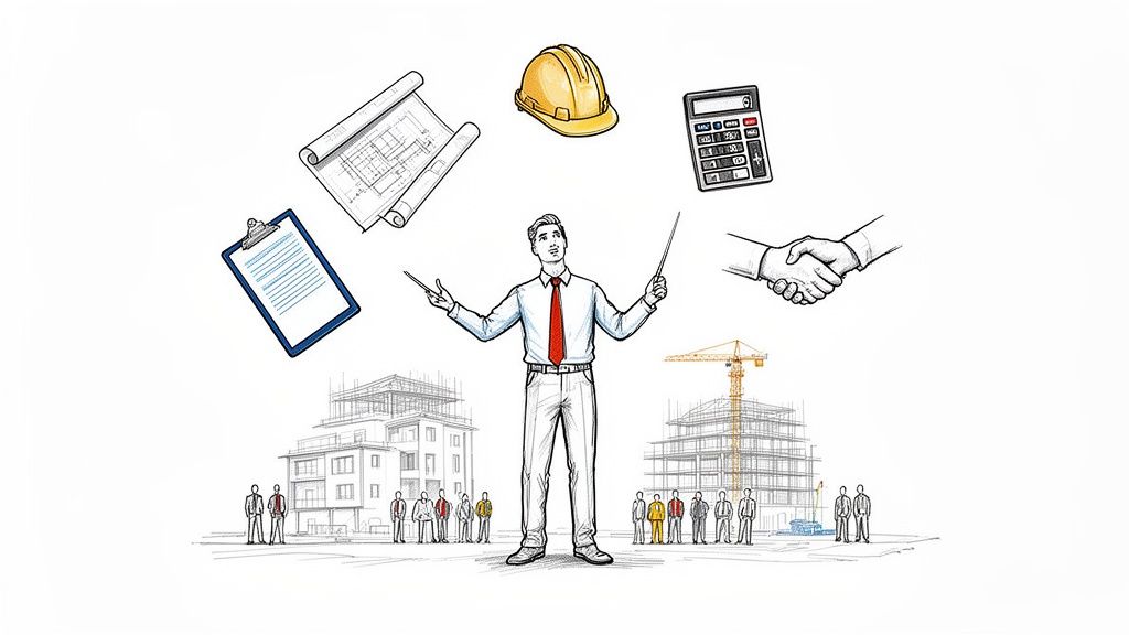 Homme d'affaires gérant divers éléments de construction: plans, casque, calculatrice, poignée de main et chantiers.