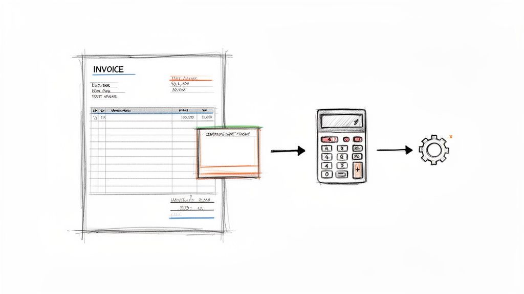 Illustration d'une facture manuscrite, d'une calculatrice et d'un engrenage, symbolisant le traitement des données et l'automatisation.