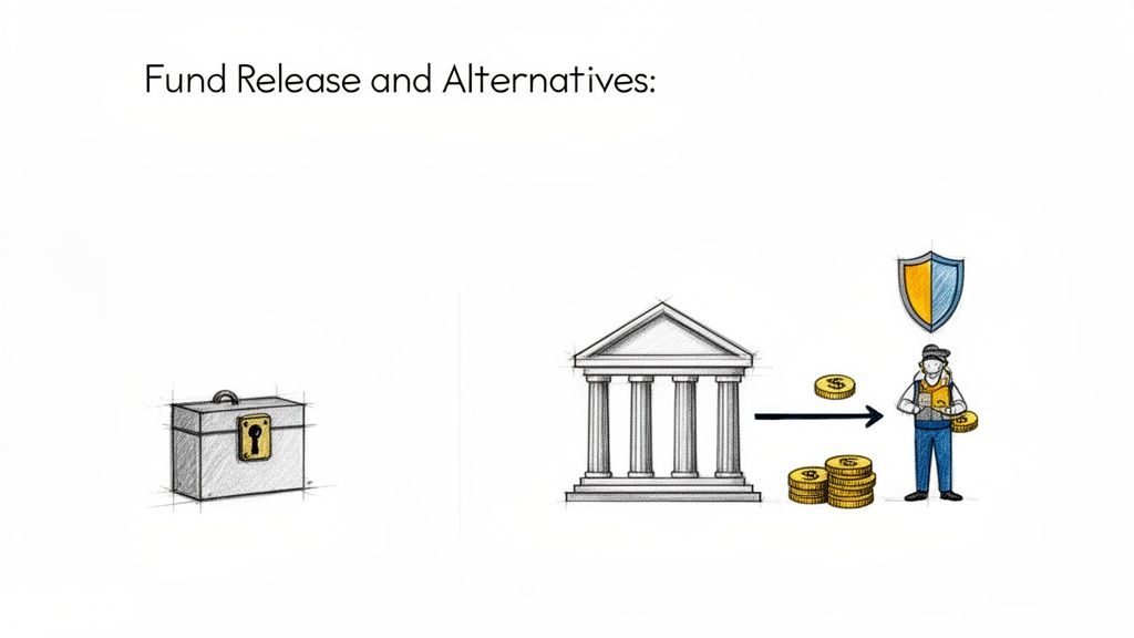 Visualisation de la libération de fonds d'un coffre-fort par une institution financière à un bénéficiaire sécurisé.