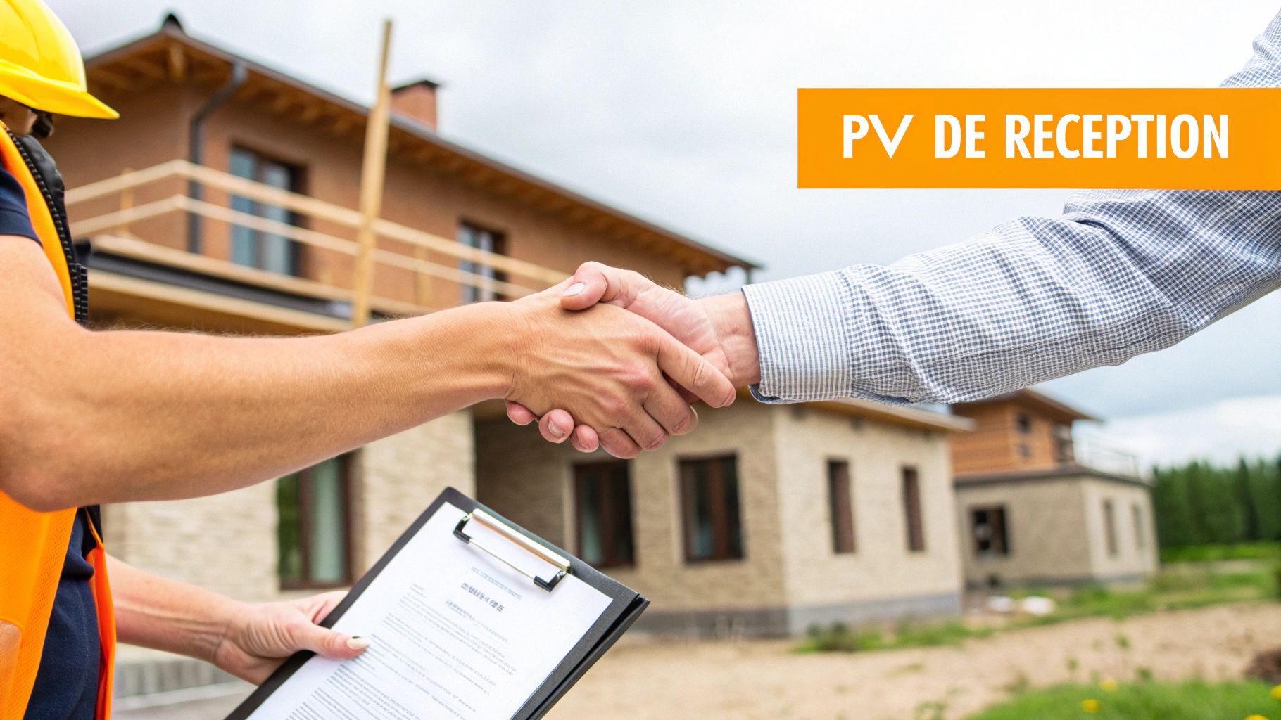 Ouvrier et client se serrent la main devant des maisons, signant un PV de réception de chantier.