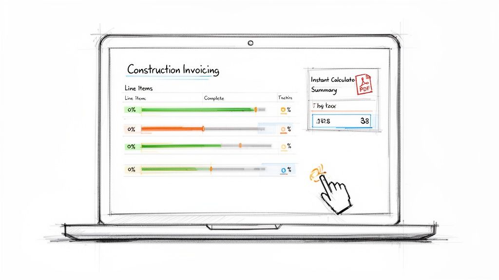 Croquis d'un ordinateur portable affichant une interface de facturation de travaux de construction avec des barres de progression et un curseur.