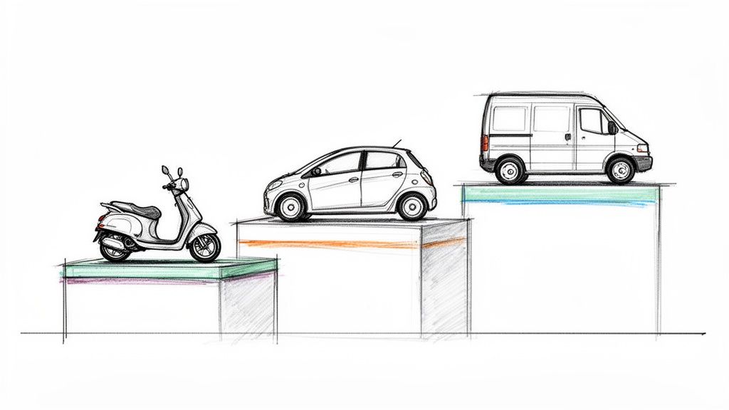Dessin de véhicules (scooter, voiture, camionnette) sur des blocs, illustrant différentes tailles ou catégories.