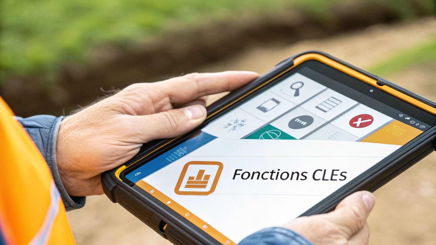 Personne en gilet de sécurité utilisant une tablette robuste affichant une application de suivi de chantier avec des icônes.