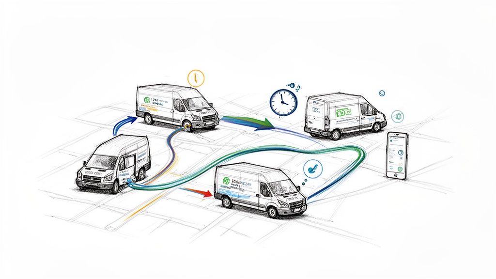 Illustration détaillée d'une carte avec quatre fourgons de livraison, des flèches de routage, une horloge et un smartphone, représentant la planification des interventions.