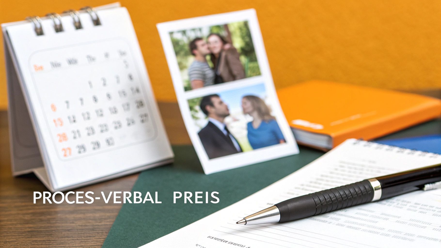 Un bureau avec un calendrier, des photos de couple, un carnet orange, un document et un stylo. Le texte « PROCES-VERBAL PREIS » est visible.