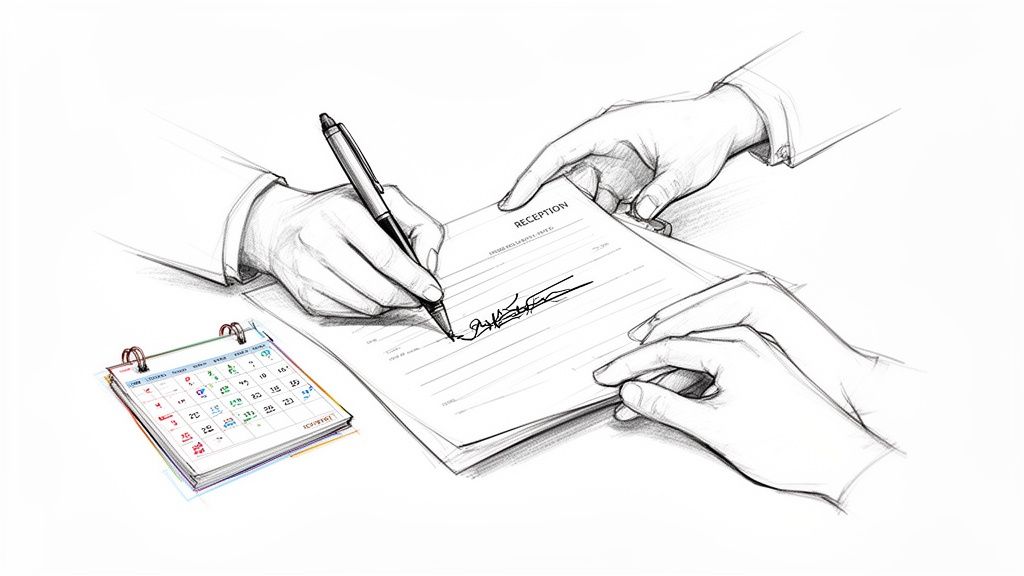 Deux paires de mains, l'une signe un document de réception avec un stylo, l'autre tient la feuille, un calendrier à côté.