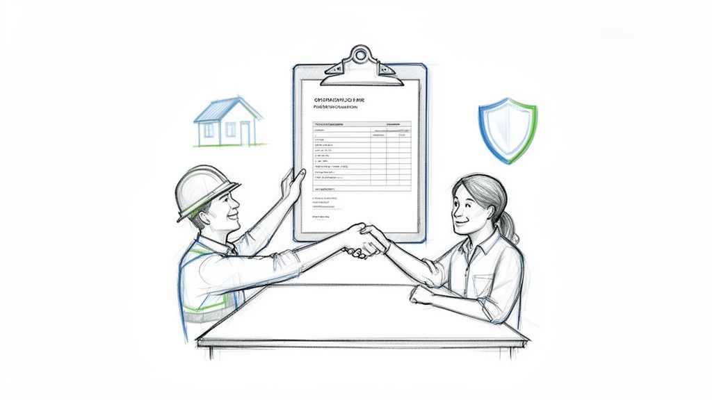 Illustration d'un entrepreneur et d'un client concluant un accord, avec un devis, une maison et un bouclier.