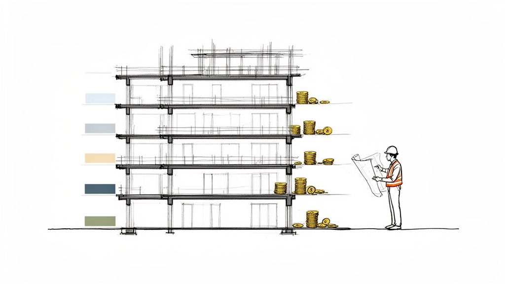 Illustration d'un immeuble en construction, piles de monnaie par étage et ouvrier consultant des plans.