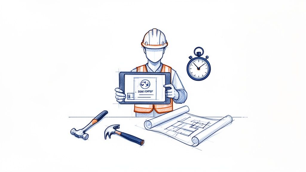 Illustration d'un ouvrier du bâtiment avec une tablette, des outils et des plans, symbolisant l'efficacité et la modernisation du travail.