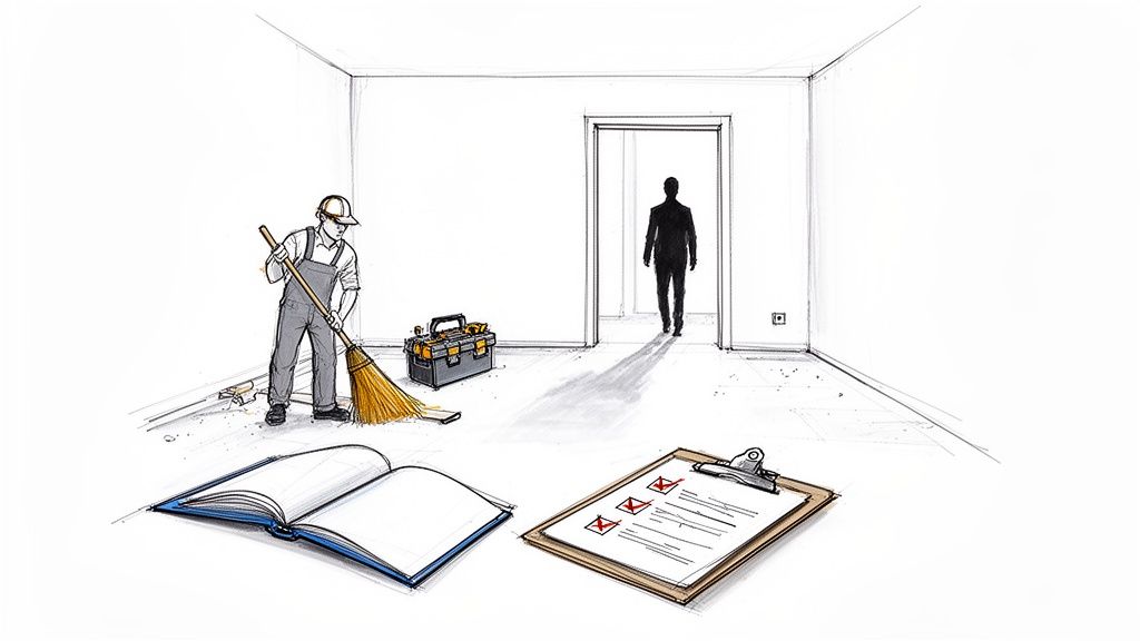 Un travailleur balaie une pièce rénovée, avec un homme sortant et une liste de contrôle remplie.