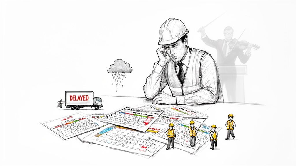 Ingénieur du bâtiment préoccupé par les retards de projet, les plannings et les intempéries.
