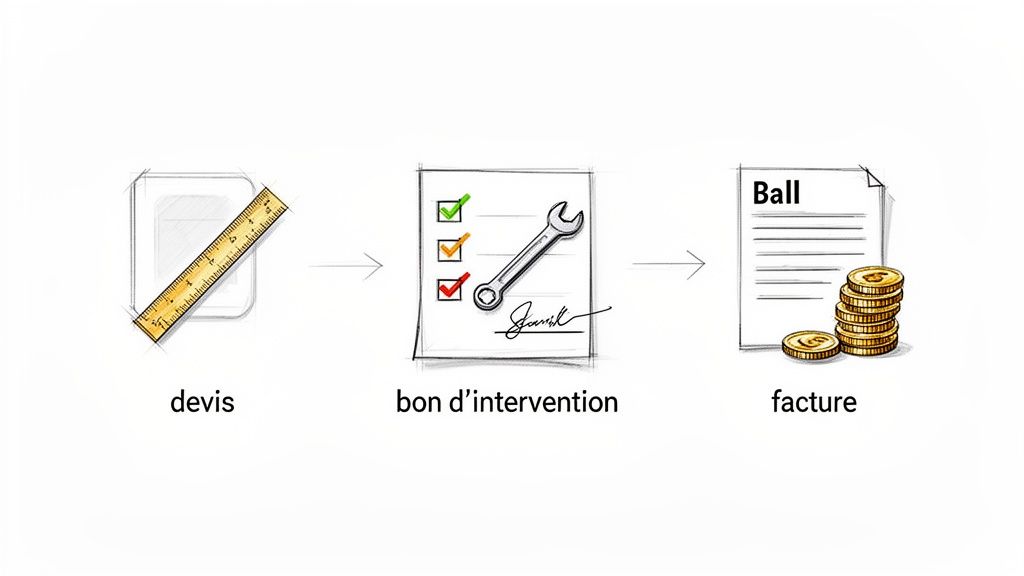 Diagramme illustrant les étapes d'un service : devis, bon d'intervention et facture, avec des icônes explicatives.