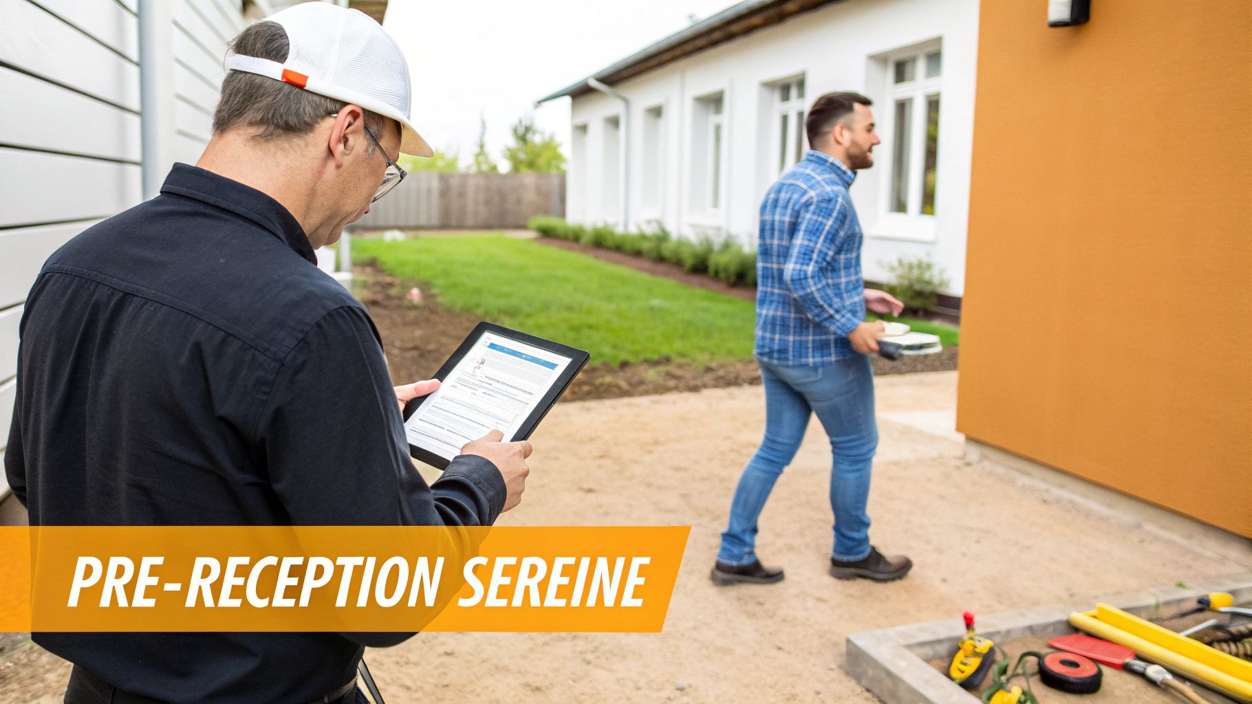 Un inspecteur avec une tablette numérique sur un chantier, un homme marchant près d'une maison.
