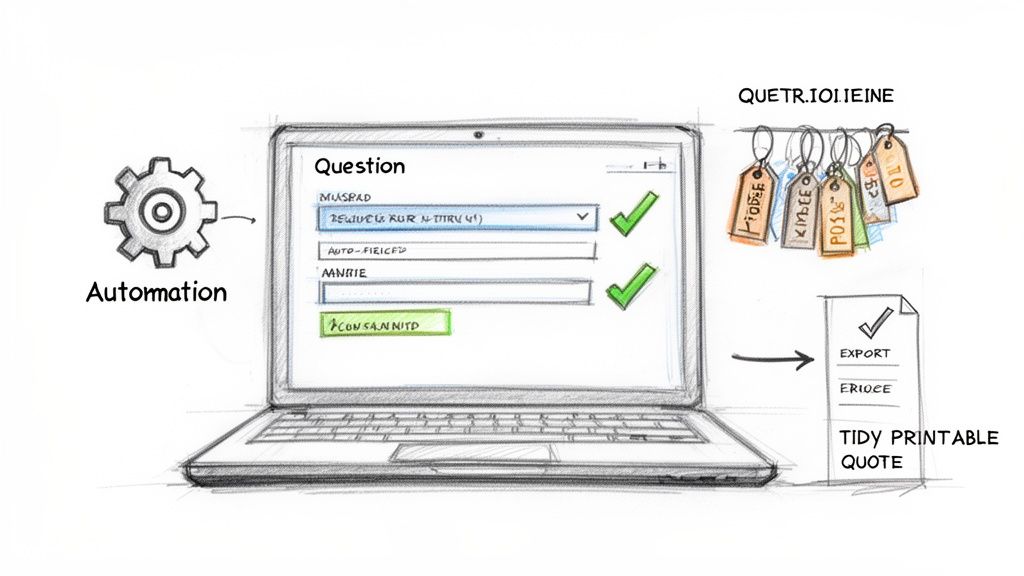 L'automatisation génère un devis imprimable et organisé à partir d'informations saisies sur un ordinateur portable, avec des tags colorés.