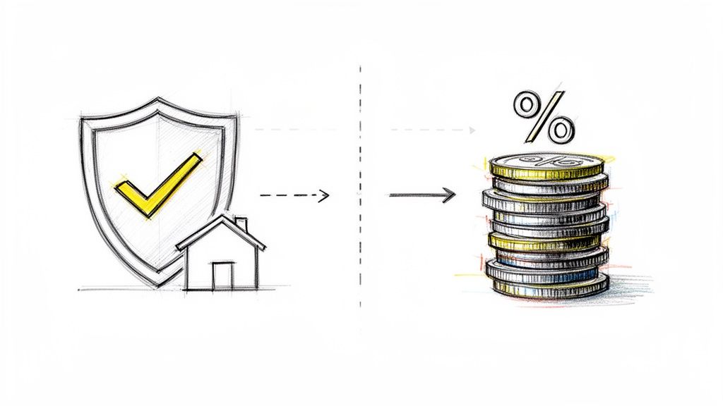 Croquis d'un bouclier avec une coche protégeant une maison, évoluant vers une pile de pièces et un pourcentage.