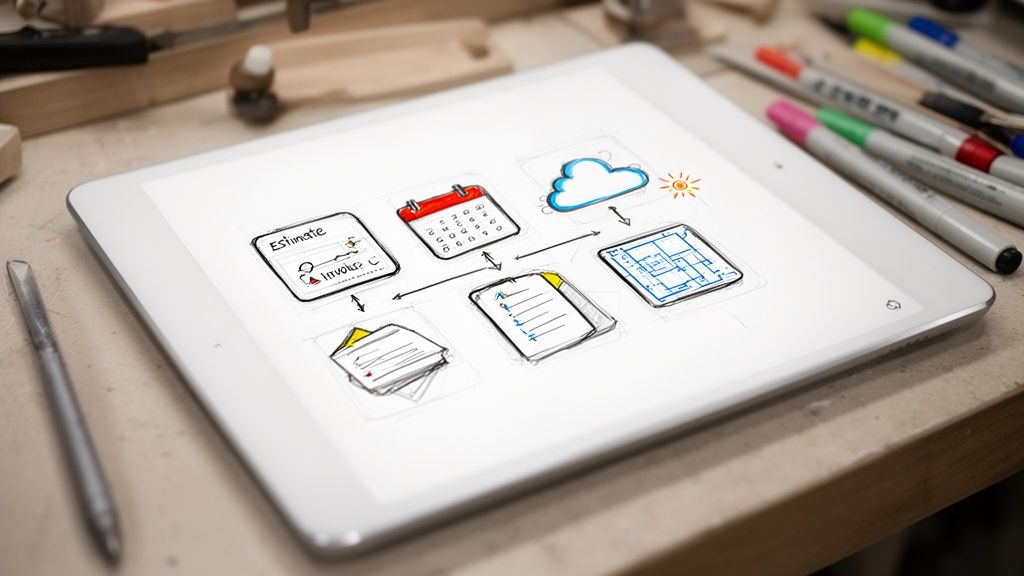 Schéma de gestion d'entreprise dessiné sur une tablette, avec des icônes d'estimation, calendrier et cloud.
