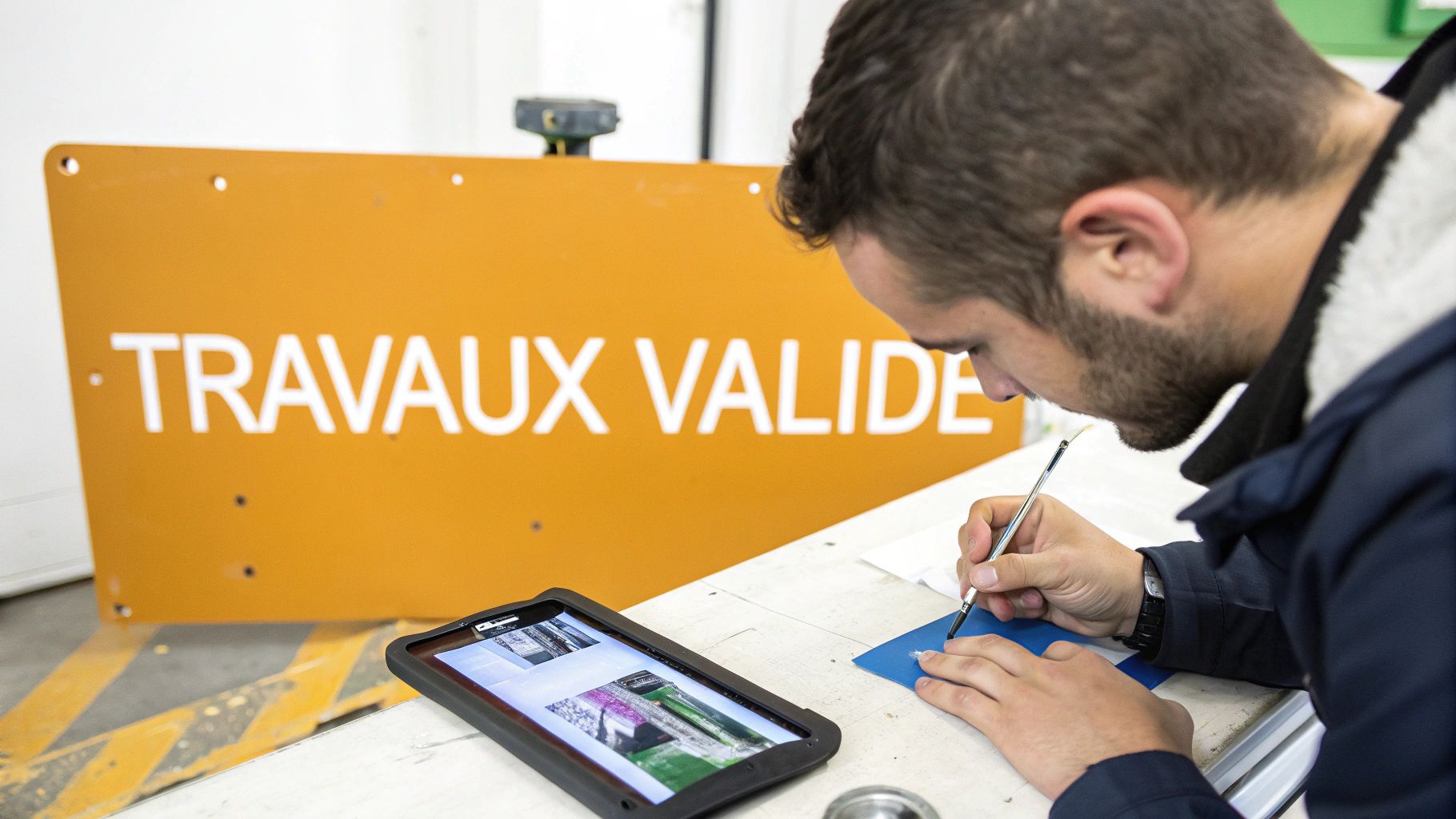 Un homme barbu examine attentivement un document bleu avec un outil fin, une tablette et un panneau "TRAVAUX VALIDÉS" en arrière-plan.