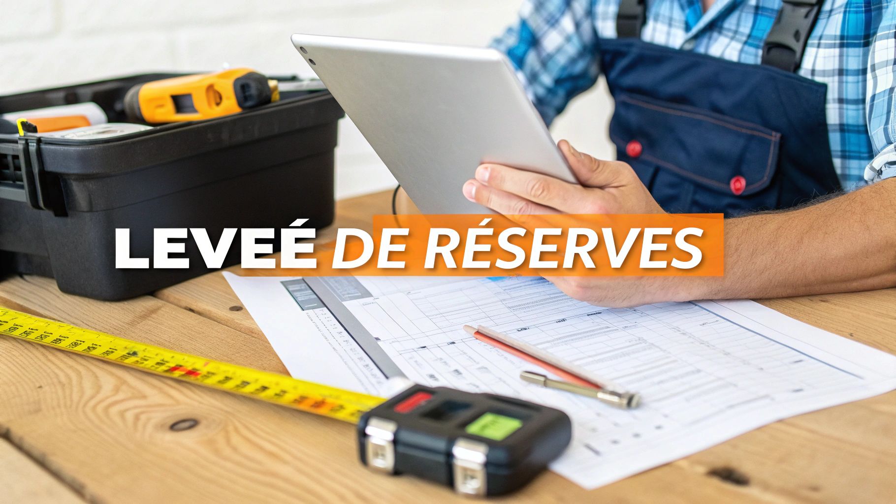 Un ouvrier ou inspecteur consulte une tablette sur un établi, avec des outils et des plans, pour une levée de réserves.