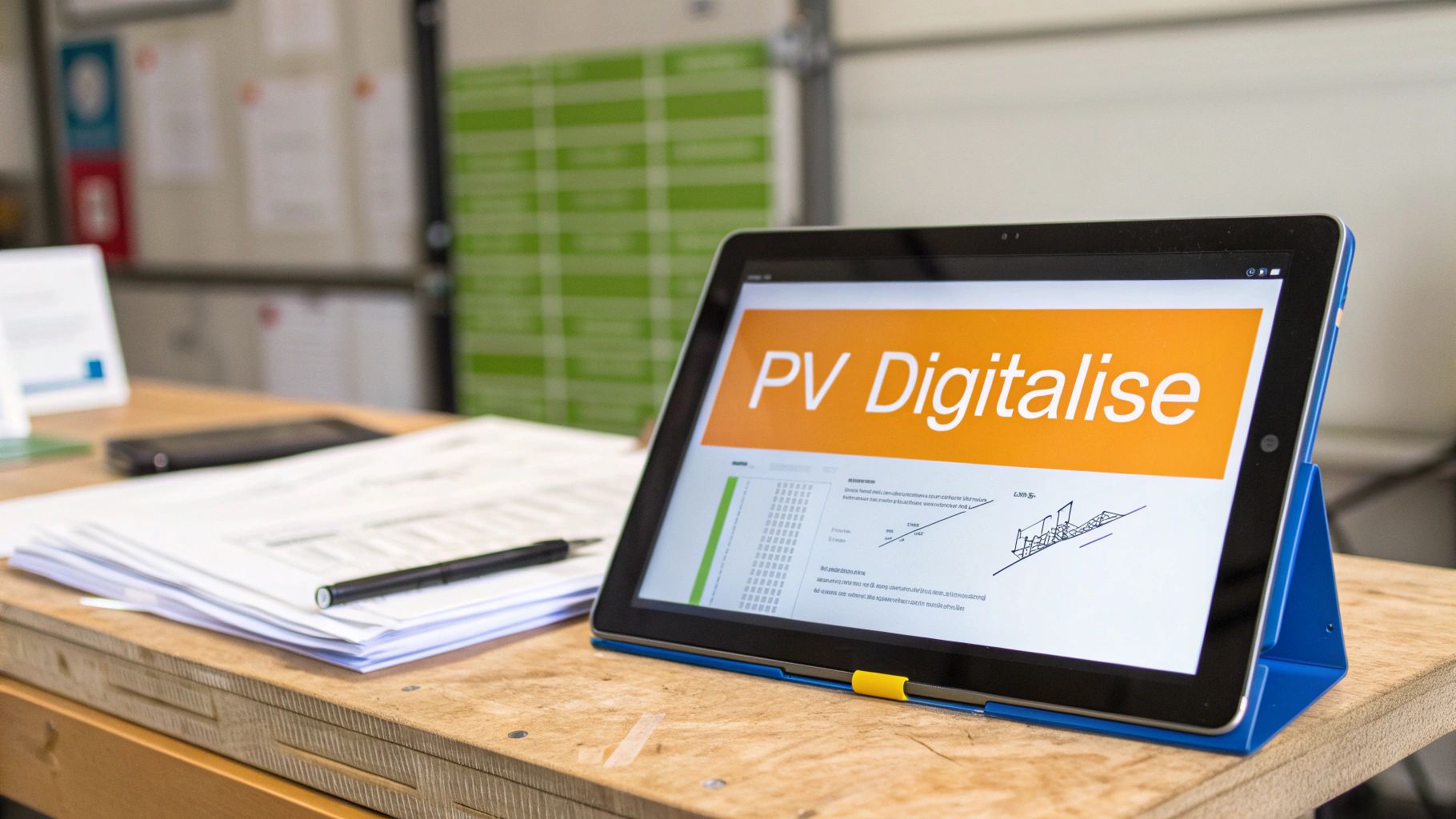 Une tablette sur une table en bois affichant "PV Digitalise", avec des documents et un stylo.