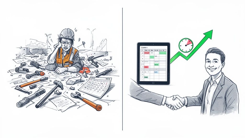 Ouvrier stressé sur chantier désordonné, contrastant avec professionnel souriant, planning numérique, et croissance d'efficacité.